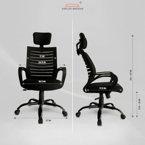 Image of Kepler Brooks Aspira Office Chair for Work, Ergonomic Office Chair, Computer Chair, Study Chair for Home, 2D Headrest, Tilt Lock Mechanism with Seat Height Adjustment, Heavy Duty Metal Base (Black)