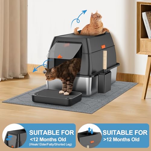 Stainless Steel Litter Box with Lid,Front Entry Top Exit Kitty Litter Box,Extra Large Enclosed Metal Litter Box with Litter Scoop & Litter Mat-Black - Thumbnail 5