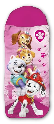 Saco de dormir infantil Paw Patrol – Rosa 140 cm + 30 cm (capucha) x 70 cm ideal para exteriores/interiores con Skye, Everest, Liberty, Marshall, saco de dormir momia para niñas y niños con cremallera