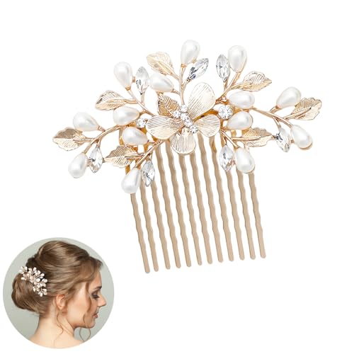 Peignes à cheveux dorés pour mariée avec perles et feuilles pour femmes et filles accessoire élégant pour mariages bals concours de beauté fêtes anniversaires et...