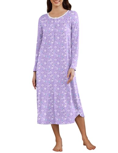 Ekouaer Women Nightgowns Long Sleeve Sleepshirt Soft Sleepwear House Dresses with Pockets Purple Flower L