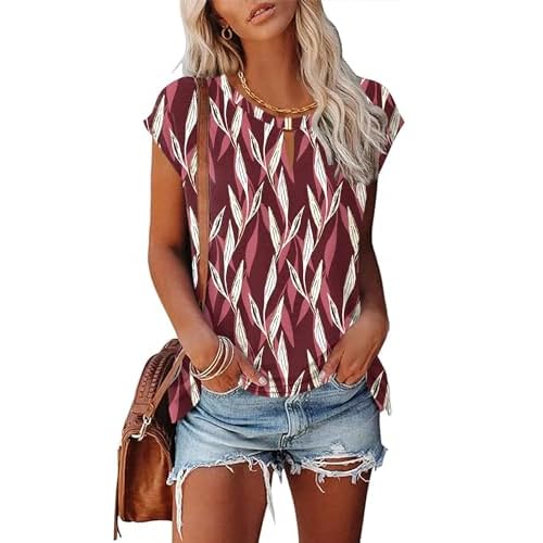 Kistore Women's Summer Casual V Neck Tank Tops Cap Sleeve Loose Fit Blouses Tunic Shirts C-red Leaf Print XX-Large