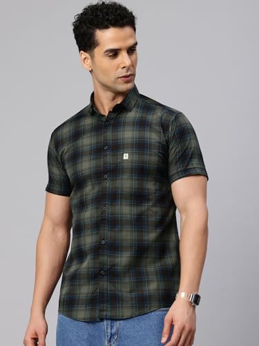 Image of Majestic Man Men Comfort Slim Fit Checked Pure Cotton Half Sleeve Casual Shirt