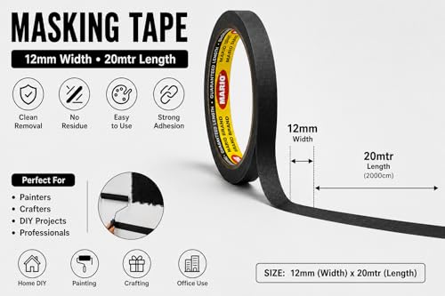 Image of Mario Black Masking Tape - 20 Meter Length, 12mm Width - High Grip Adhesive Tape for Painting, DIY, Furniture & Craft - Easy Tear, Clean Peel - Pack of 2 Rolls