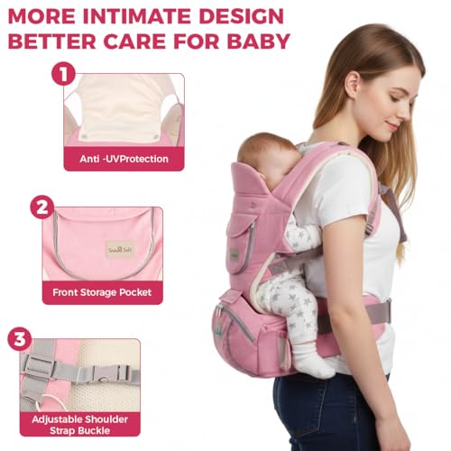Image of SNOWIE SOFT 3 in 1 Baby Carrier for 0 to 3 Year Baby, Ergonomic Variable Baby Carrier with Detachable Hip Seat, Adjustable Straps, Head Guard, Breathable Padded Cotton, Max Weight Up to 20 Kg (Pink)