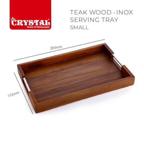 Image of Crystal Teak Wood INOX Rectangular Serving Tray | for Home, Kitchen, Restaurant, Office Organizer, Dining Table | Premium Wooden Trays | Small - 28 X 15 X 4.5 Cm | Handcrafted in India