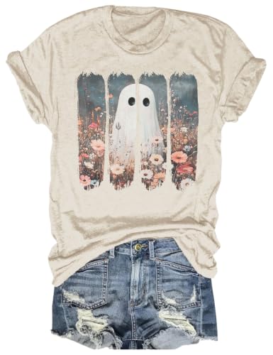 Fall Ghost Wildflower Round Neck Graphic Tees for Women Halloween Thanksgiving Short Sleeve Holiday Family Match T-Shirt Tops(2026-830-Beige,XXL)
