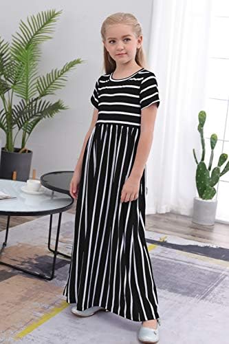 GORLYA Girl's Short Sleeve Floral Print Loose Casual Holiday Long Maxi Dress with Pockets 4-12 Years (6-7Years/Height:120cm, Black Stripe) — view 4