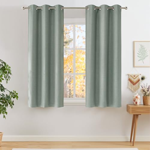 Image of NICETOWN Short Faux Linen Sage Green Blackout Curtains 63 inches Long for Kitchen - Privacy Panels for Living Room Bedroom, Modern Farmhouse Style Easy Care Grommet Top, 2 Panels, W42 by L63