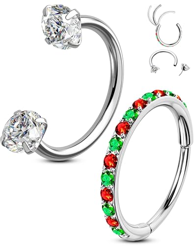 OUFER 2PCS Christmas Nose Rings Hoops 20g Double Gem Horseshoe Threadless Nose Rings for Women Septum Clicker Daith Tragus Helix Rook Eyebrow Lip Piercing Jewelry-7mm