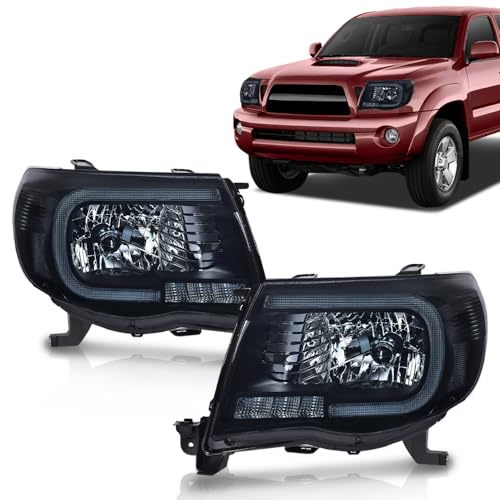 Image of GRAND ORANGE LED DRL Tube Halo Projector Headlights Assembly w /o Bulbs Compatible with 2005-2011 Toyota Tacoma Headlamps Smoke Lens Black Housing Clear Reflector Driver & Passenger Side