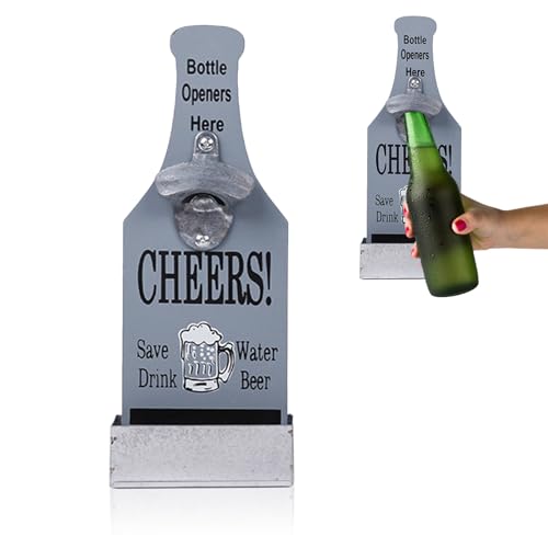 FEMONGY abridor cerveza pared, sacacorchos con contenedor de recogida, abridor de botellas, abridor de cerveza para bar, cocina, patio, abridor de botellas de pared - regalos para hombre (gris)