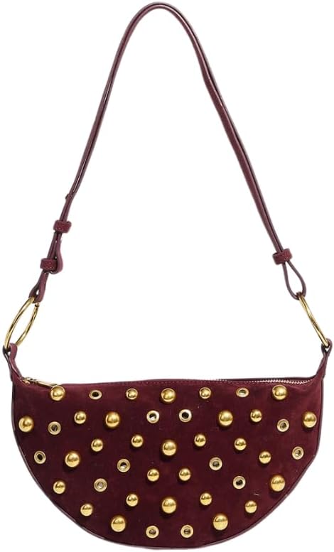 Studded Punk Rock Purse for Women, Gold Detail Suede Crossbody Bag, Trendy Y2K Style Genuine Leather Handbag