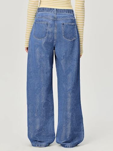 chouyatou Women's Y2k Baggy Wide Leg Denim Pants Hollow Out Flower Boyfriend Mid Rise Barrel Jeans with Pockets3