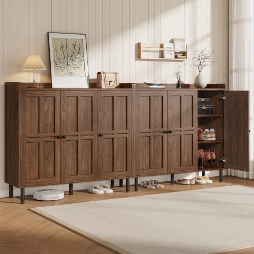 Image of ONBRILL Shoe Cabinet with 3 Doors and Adjustable Shelves, 30 Pairs Shoe Storage Cabinet, 40 Inch Tall Farmhouse Shoe Rack Shoe Organizer Cabinet for Entryway Living Room Closet, Walnut