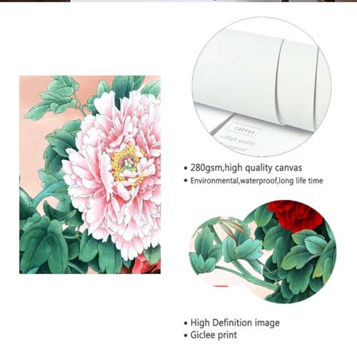 Peintures sur toile pivoines et papillons CHERHERART fresque murale format 30x75cm