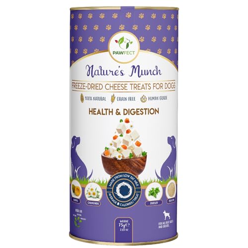 Pawfect Nature's Munch Freeze-Dried Health & Digestion Cheese Treat for Dogs| 100% Natural| High Protein, Low Fat| 8 Calories per Treat| Grain-Free| Healthy Training Treat| (75g/2.65oz)