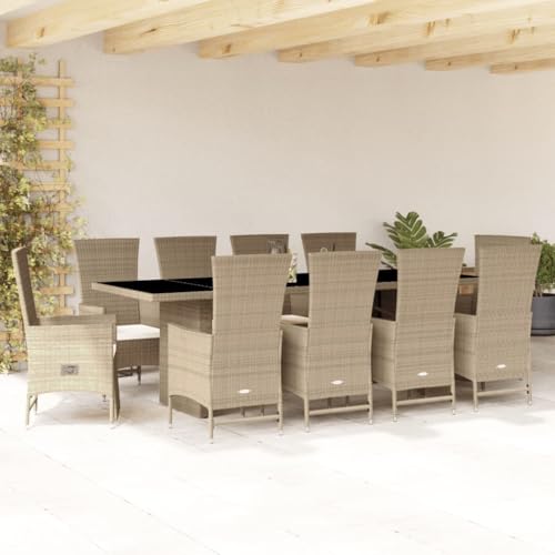 YunCangg 11-TLG. Juego de comedor de jardín de ratán sintético con cojín, color beige, 240 x 90 x 75 cm, mesa de jardín de madera de acacia, 10 cojines de asiento, resistente a la intemperie, apilable