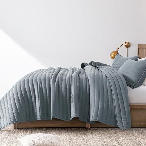 ROARINGWILD Blue King Size Quilt Bedding Sets with 2 Pillow Shams, Lightweight Soft Bedspread Coverlet, Quilted Blanket Thin Comforter Bed Cover for All Season, 3 Pieces, 104x90 inches