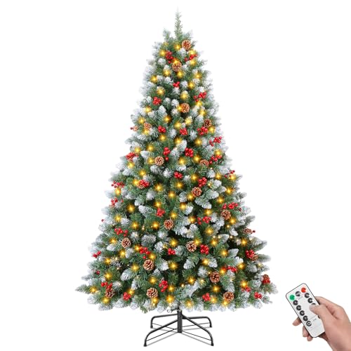 Rollingsurfer 180CM Árbol De Navidad Artificial Pre-Iluminado Pre-Decorado, 847 Puntas De Ramas, 300 Luces, 52 Piñas, 52 Bayas Rojas, Base Metálica para Hogar, Fiesta, Decoración Navideña