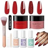 Aokitec Dipping Powder Nails Set - Rot & Glitzer Dip Acrylpulver mit Dip Liquid Base Nagelzubehör für Nail Art, Dipping Acryl Nägel Starterset, Nägel Selber Machen Set, Geschenk für Frauen & Mädchen