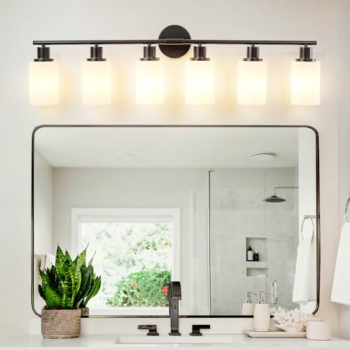 Image of DLLT 6-Light Bathroom Light Fixtures: Black Modern Vanity Lights with E26 Bulbs - Milky White Glass Shade Bathroom Wall Lamp for Mirror Kitchen Living Room Hallway Cabinet Porch