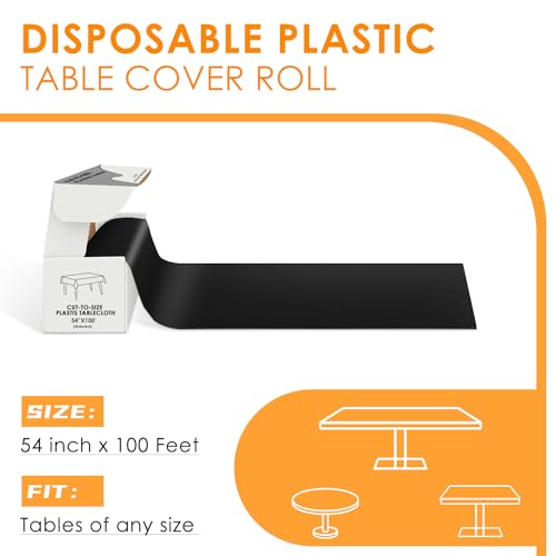 Image of tujol Black Disposable Plastic Table Cloth Roll 54 inch X 100', Plastic Table Cover with Cutter Box, Cut to Size Disposable Tablecloth for Parties