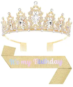 Birthday Tiara and Crown with Sash, Birthday Tiara for Women Party (Gold)