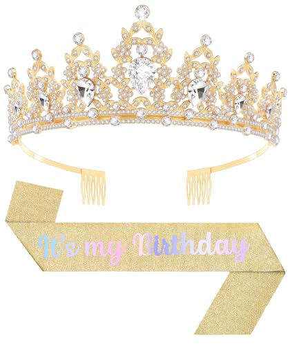 Birthday Tiara and Crown with Sash, Birthday Tiara for Women Party (Gold)