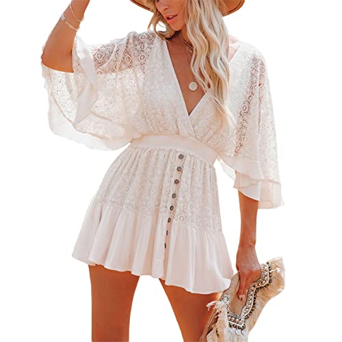 Women Boho Dress, Middle Flared Sleeves V-Neck Button Decoration Cake Beach Long Skirt3