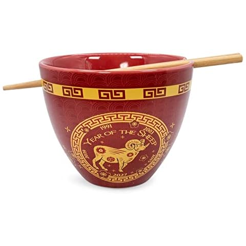 Boom Trendz Year Of The Sheep Chinese Zodiac Ceramic Dinnerware Set Includes 16 Ounce Ramen Noodle Bowl and Red One Size Cover