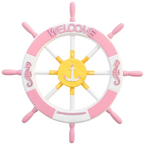 木製ステアリングホイール、アンカー、アンティーク海賊インテリア、船、ヴィンテージボート、軽量、傷に強い、地中海スタイルの装飾 (ピンクタツノオトシゴの舵)