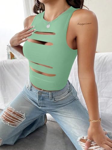 Image of LovelyWholesale Women Sexy Cut Out Crop Tank Tops Crew Neck Summer Sleeveless Top