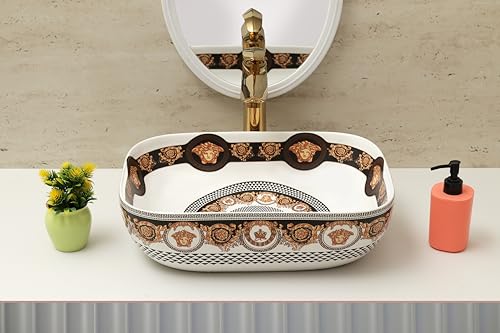 Image of Moroccan Design Ceramic Tabletop Wash Basin | Countertop Vessel Sink | Wash Basin over counter For Bathroom Hotel Home (18x13x5.5 Inch) (TORO 4014) (Moroccan Design 116)