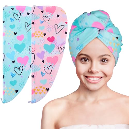 Basumee Microfiber Hair Towel Wrap for Kids 2 Pack Rapid Drying Hair Towel with Button Hair Turbans for Wet Hair Wraps Head Towel Wrap for Women and Girls, Blue