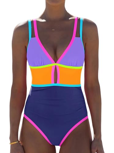 Image of popvil Women One Piece Swimsuit 2026 Tummy Control Sexy Cutout Neon Color Block Bathing Suit Slimming Adjustable Swimwear