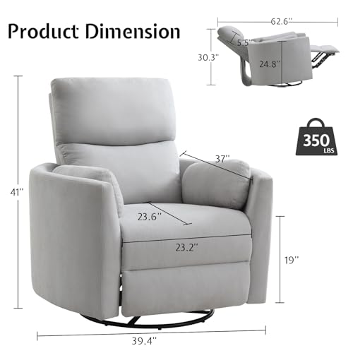 Jocisland Power Recliner Nursery Chair for Adults, Electric Swivel Rocking Glider with USB & Type-C, Soft Fabric Armchair with 2 Pillows, Cozy Reclining Sofa for Living Room, Bedroom, Light Grey