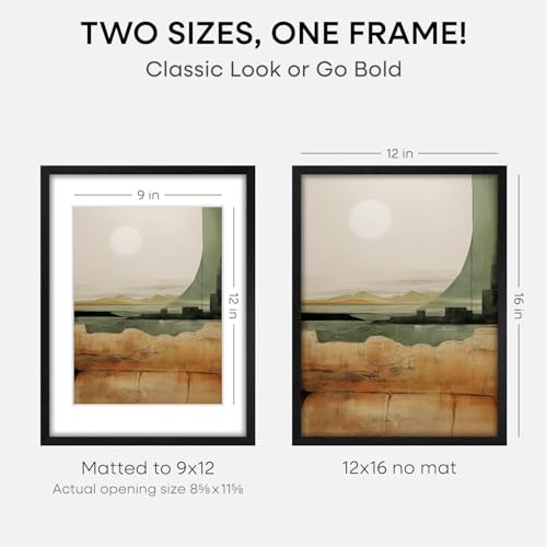 Image of Homeforia 12x16 Black Oak Picture Frame, High-End Wood, 9x12 Mat, Glass | High End Solid Oak Wood, Tempered Glass, Acid-Free 9x12 Removable Mat, 12x16 Edge-to-Edge Display 16x12, Wall Kit, Set Of 2
