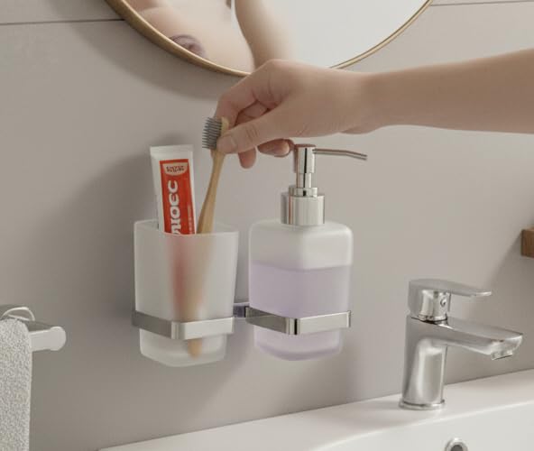 Image of Stainless Steel Toothbrush Holder with Glass Tumbler & Liquid Soap Dispenser Set - Wall Mounted 2-in-1 Bathroom Organizer, Chrome Finish (Square /Frosted Glass) (E 2712)