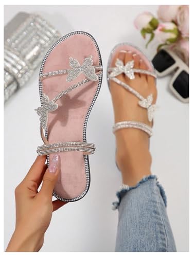 Image of OYOANGLE Women's Silver Rhinestone Sandals Sparkly Dressy Flat Sandals