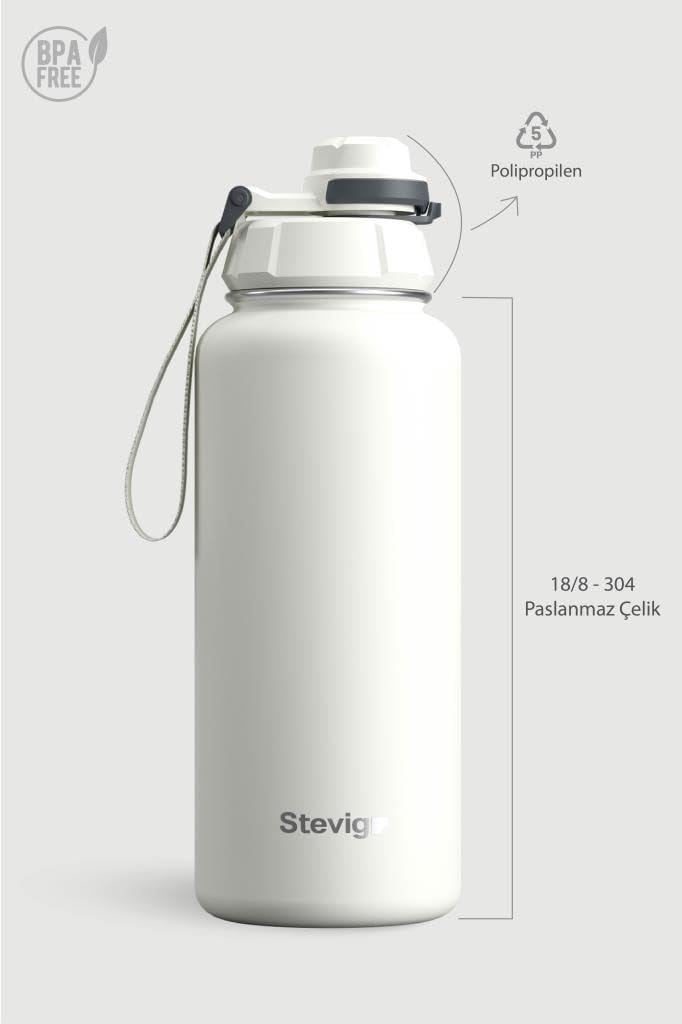 1 Hand Slide Lock Leak-proof | 30 oz | Insulated Vacuum Flask Stainless Steel Sport Water Bottle -Star White ST-213