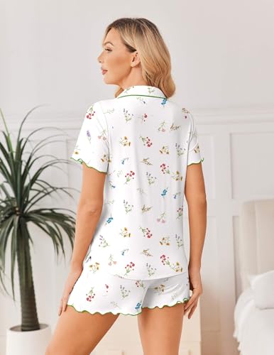 Image of Ekouaer Viscose from Bamboo Women Pajama Sets Button Up Cooling Pjs Short Sleeve Ruffle Sleepwear 2 Piece Lounge Shorts Set