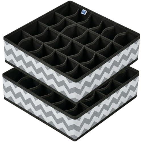Image of Skrill 24-Compartment - Set of 2 | Non-Woven Foldable Cloth Storage Box Set Underwear, Socks, Ties, Scarves Drawer Organization | Space Saving Divider Organizer Closet Storage | Zigzag Waves Grey