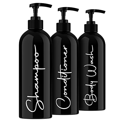 Image of Alora Reusable Shampoo and Conditioner Bottles - Set of 3 - Matte Black - Permanent Stylish Labels - 16oz Pump Bottle Dispenser for Shampoo, Conditioner, Body Wash - Plastic Refillable Containers
