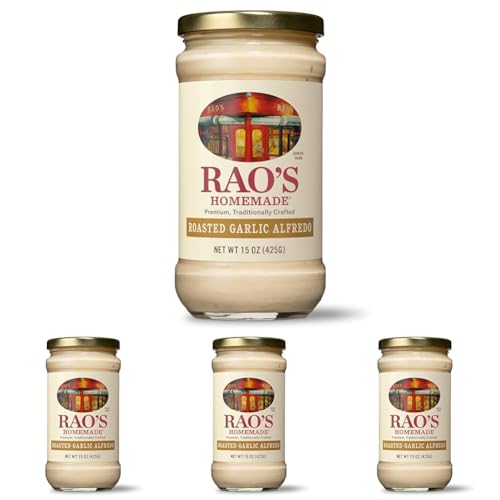 Rao's Homemade Alfredo Sauce, Roasted Garlic Alfredo, 15 oz, Rich & Creamy Pasta Sauce, Carb Conscious, Keto Friendly, Premium Quality, Blend of Parmesan & Romano Cheese, Cream and Butter (Pack of 4)