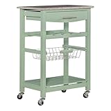 Riverbay Furniture Granite Top Pine Wood Rolling Kitchen Island Microwave Cart on Wheels with Storage in Green