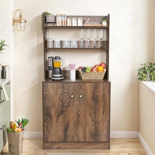 Image of ABOUT SPACE 5 Tier Kitchen Organizer Rack - 5.5 ft Wooden Kitchen Cabinet with 3 Open Shelves & 2 Storage Rack with Door, Easy to Assemble for Home Living Room (Walnut - L 80 x B 40.5 x H 163 cm)