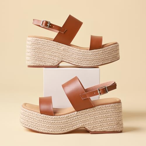 Image of EQAUDES Platform Sandals Women Open Toe Ankle Strap Summer Wedge Espadrille Sandals Cute Beach Straw Raffia Woven Sandals Comfortable Vacation Dress Shoes
