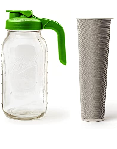 County Line Kitchen 2 Quart Heavy Duty Glass Mason Jar Pitcher + 2 Quart Filter, Green Lid