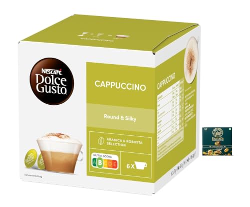 Image of Nescafe Dolce Gusto Cappuccino Coffee Capsules, Arabica & Robusta Selection, Round & Silky, 6 Cups 120g (Product Of UK) with Free Flavourito Kunafa Pistachio Chocolate Bar, 20g By Decadent Foods